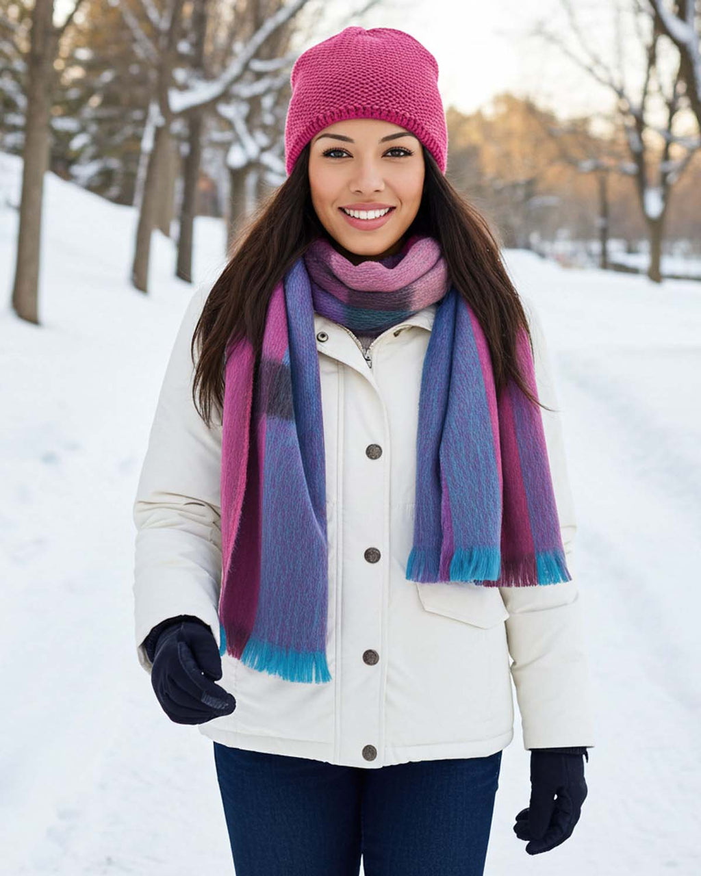 Purple alpaca plaid scarf in Grapevine with berry pink and teal, Shupaca