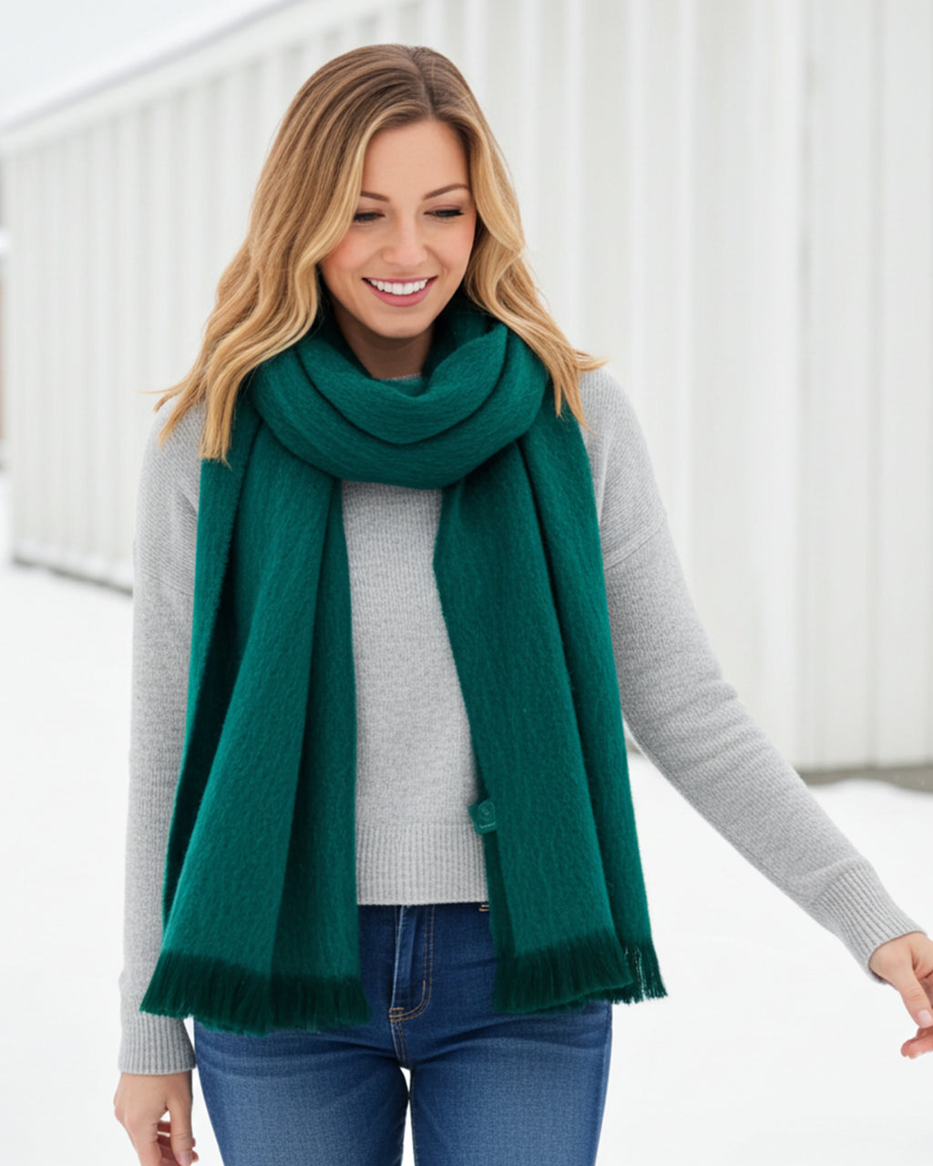 Emerald alpaca scarf with deep teal green and darker fringe, Shupaca