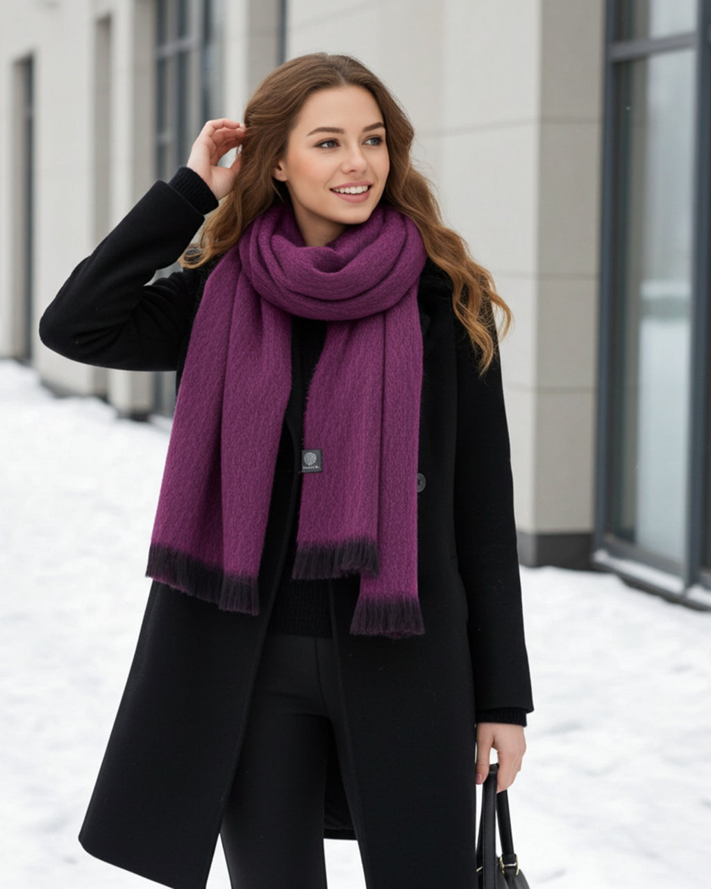 Plum alpaca scarf in Ruby with charcoal fringe, Shupaca