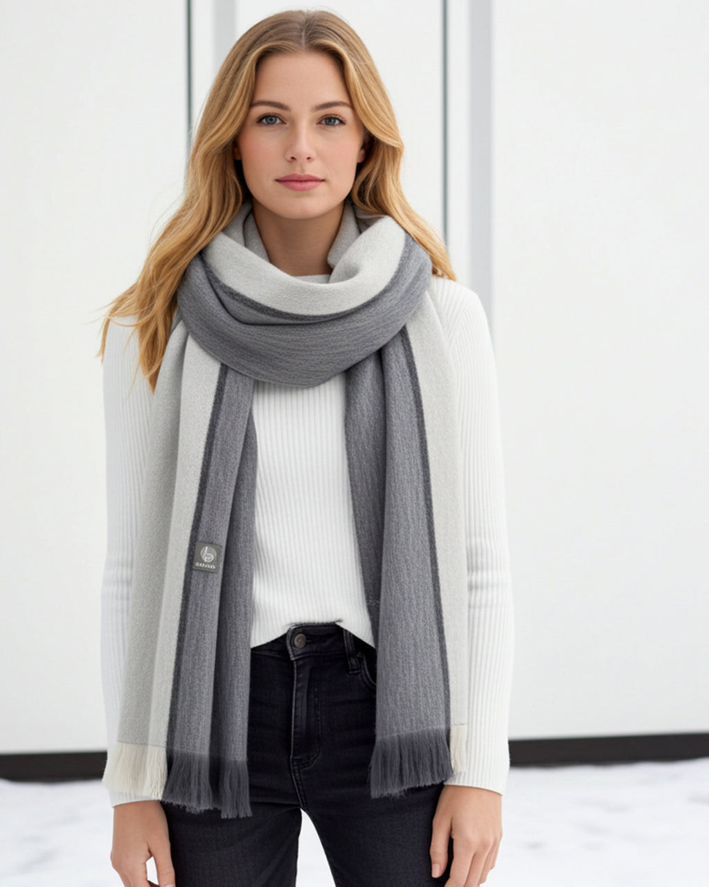 Charcoal grey alpaca scarf in Suede with cream beige accents, Shupaca