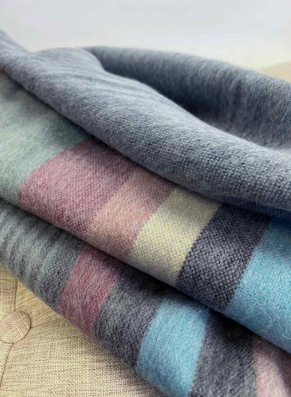 Blue Bird alpaca throw blanket with sky blue and denim white stripes, Shupaca