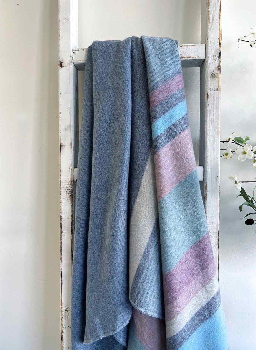 Blue Bird alpaca throw blanket with sky blue and denim white stripes, Shupaca