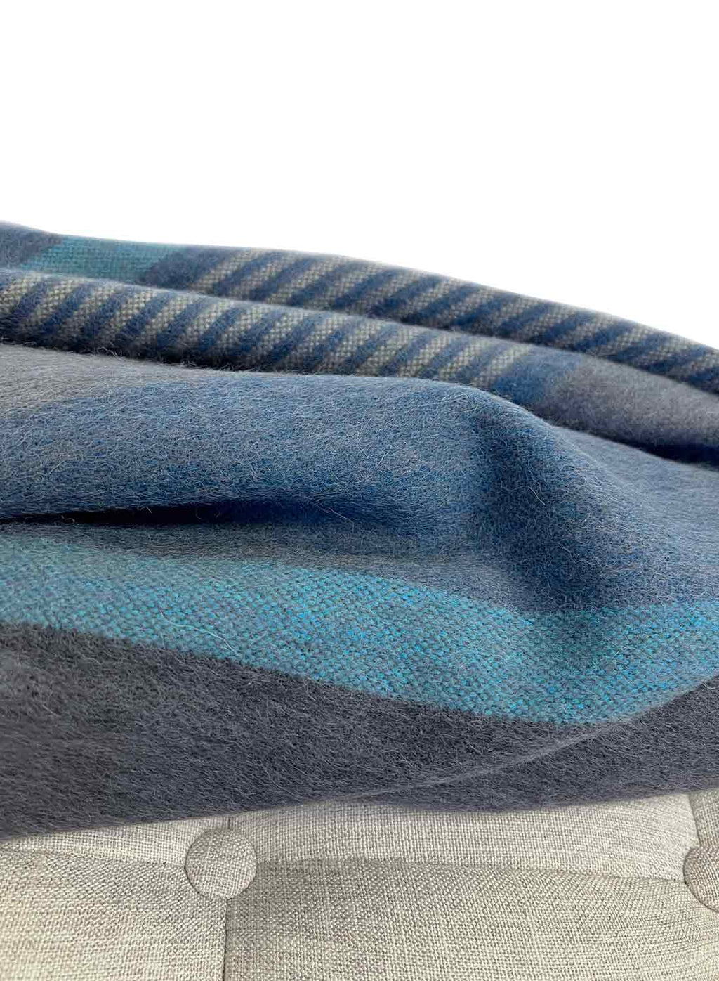 Dark Sea alpaca throw blanket with charcoal and oceanic blue stripes, Shupaca
