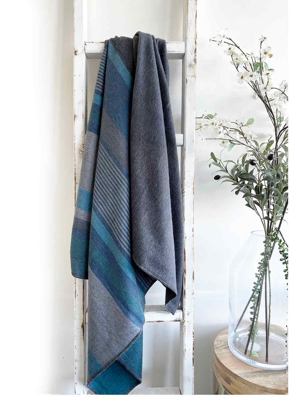 Dark Sea alpaca throw blanket with charcoal and oceanic blue stripes, Shupaca