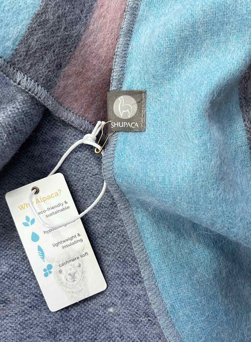 Blue Bird alpaca throw blanket with sky blue and denim white stripes, Shupaca