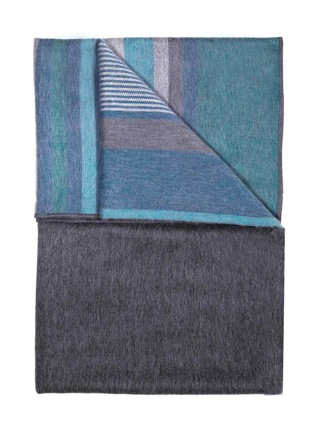 Dark Sea alpaca throw blanket with charcoal and oceanic blue stripes, Shupaca