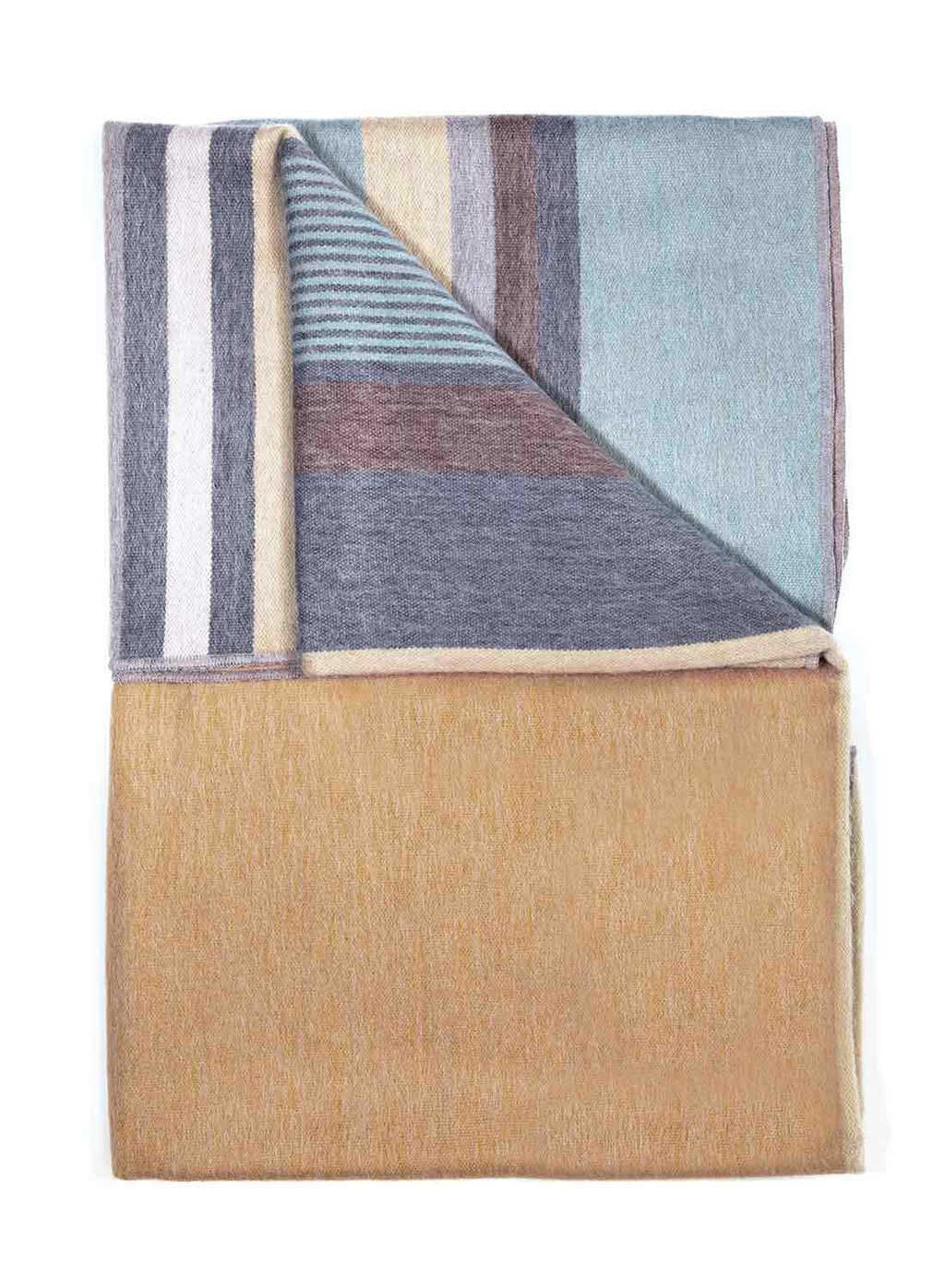 Gold Rush alpaca throw blanket with camel and denim-blue geometric pattern, Shupaca