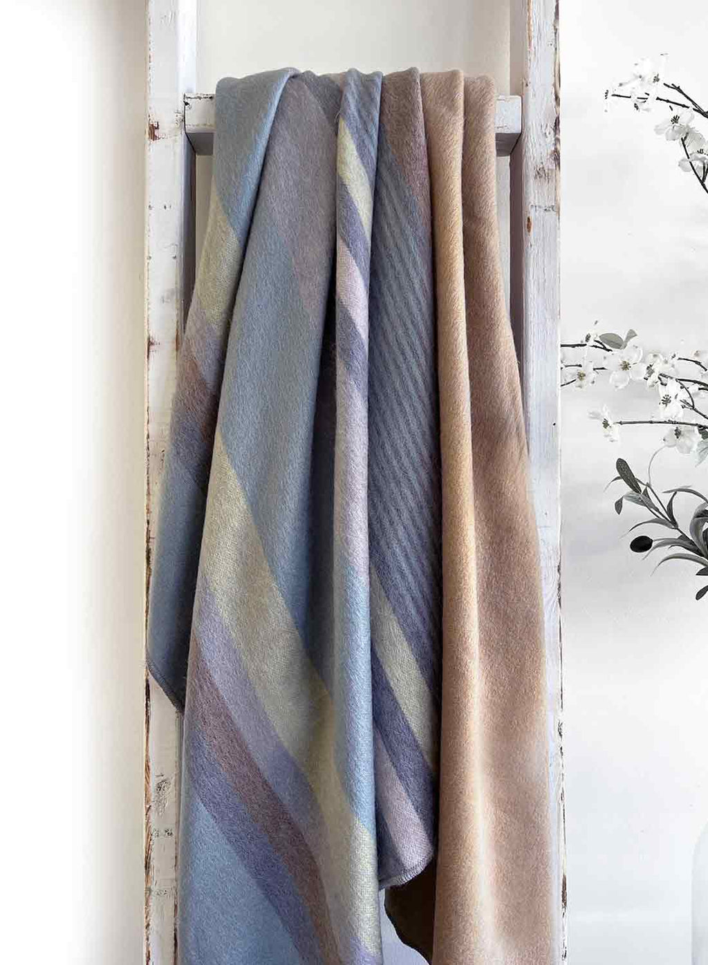 Gold Rush alpaca throw blanket with camel and denim-blue geometric pattern, Shupaca
