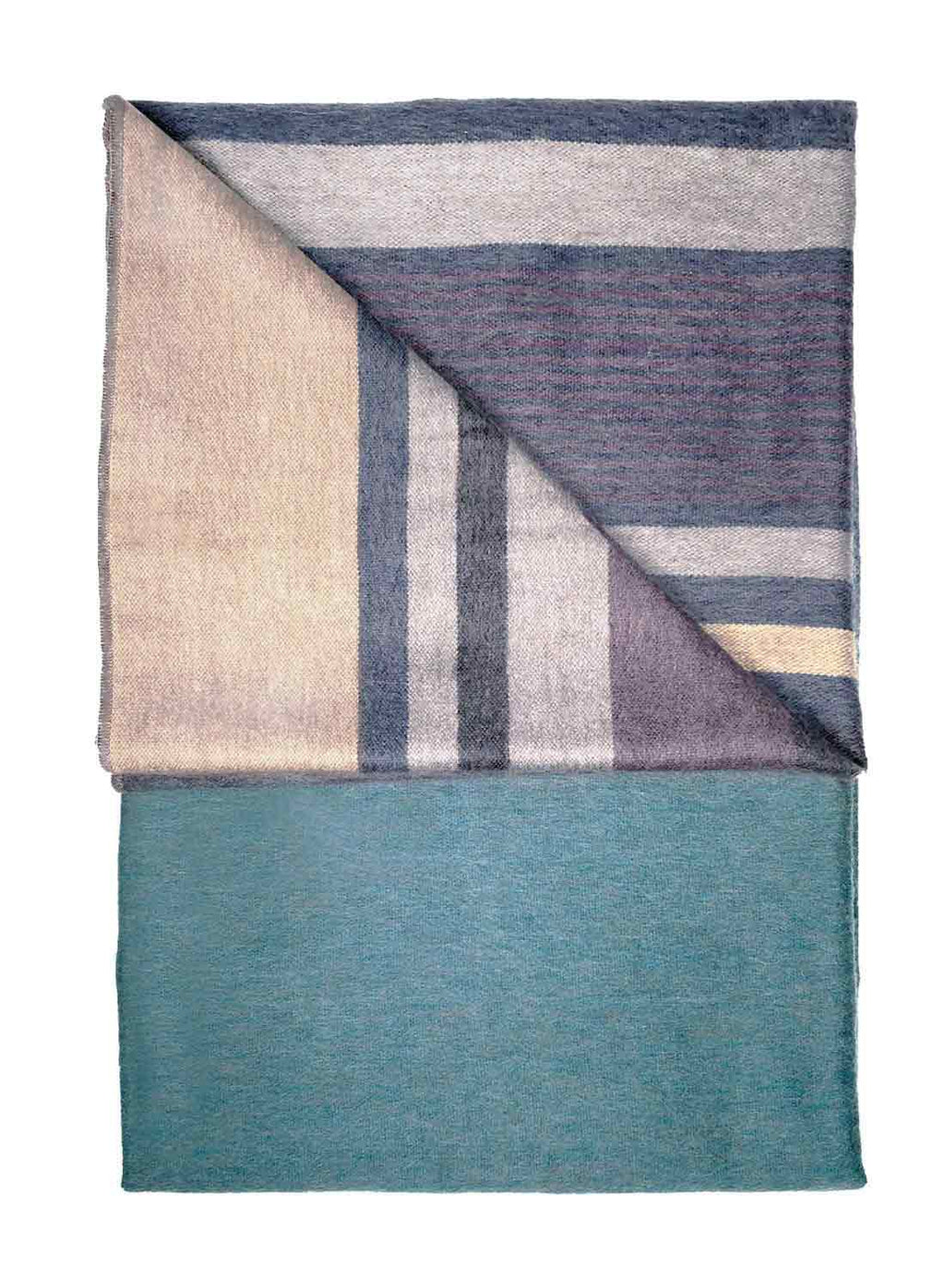 Jade Forest alpaca throw blanket with teal and earthy grey reversible stripes, Shupaca