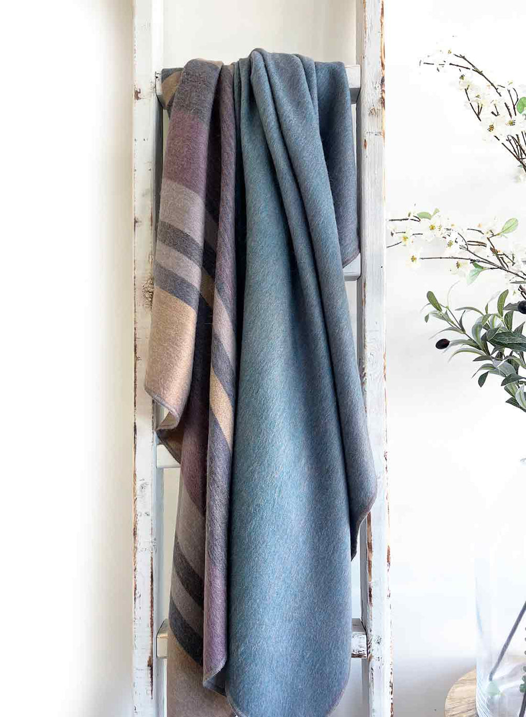 Jade Forest alpaca throw blanket with teal and earthy grey reversible stripes, Shupaca