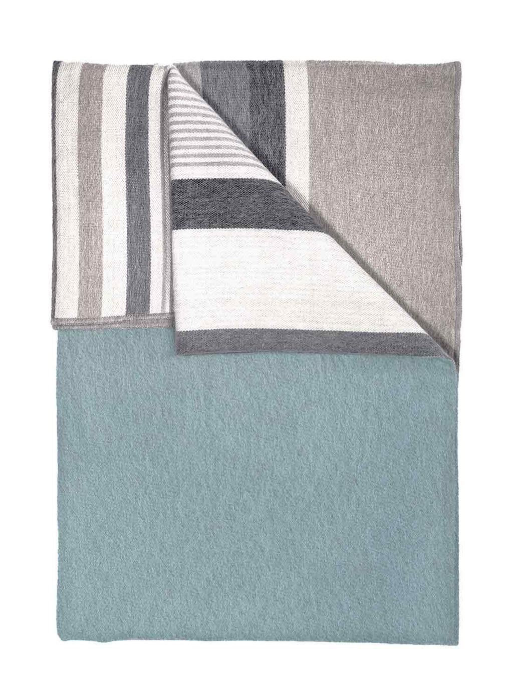 Grey alpaca throw blanket in Silverlake with lake-blue reverse, Shupaca