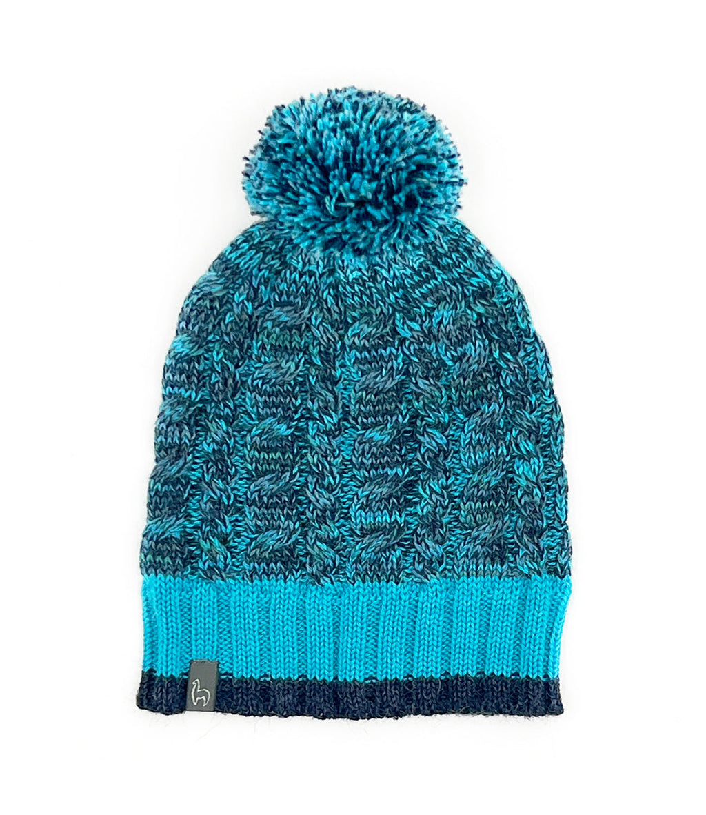 Blueberry Twist kid's alpaca beanie with pom and navy braid, Shupaca