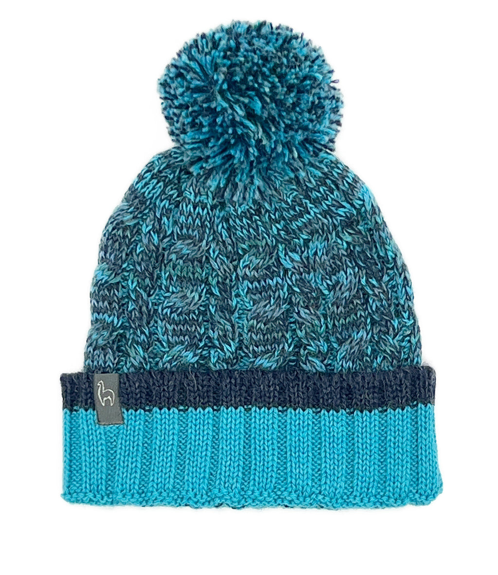 Blueberry Twist kid's alpaca beanie with pom and navy braid, Shupaca