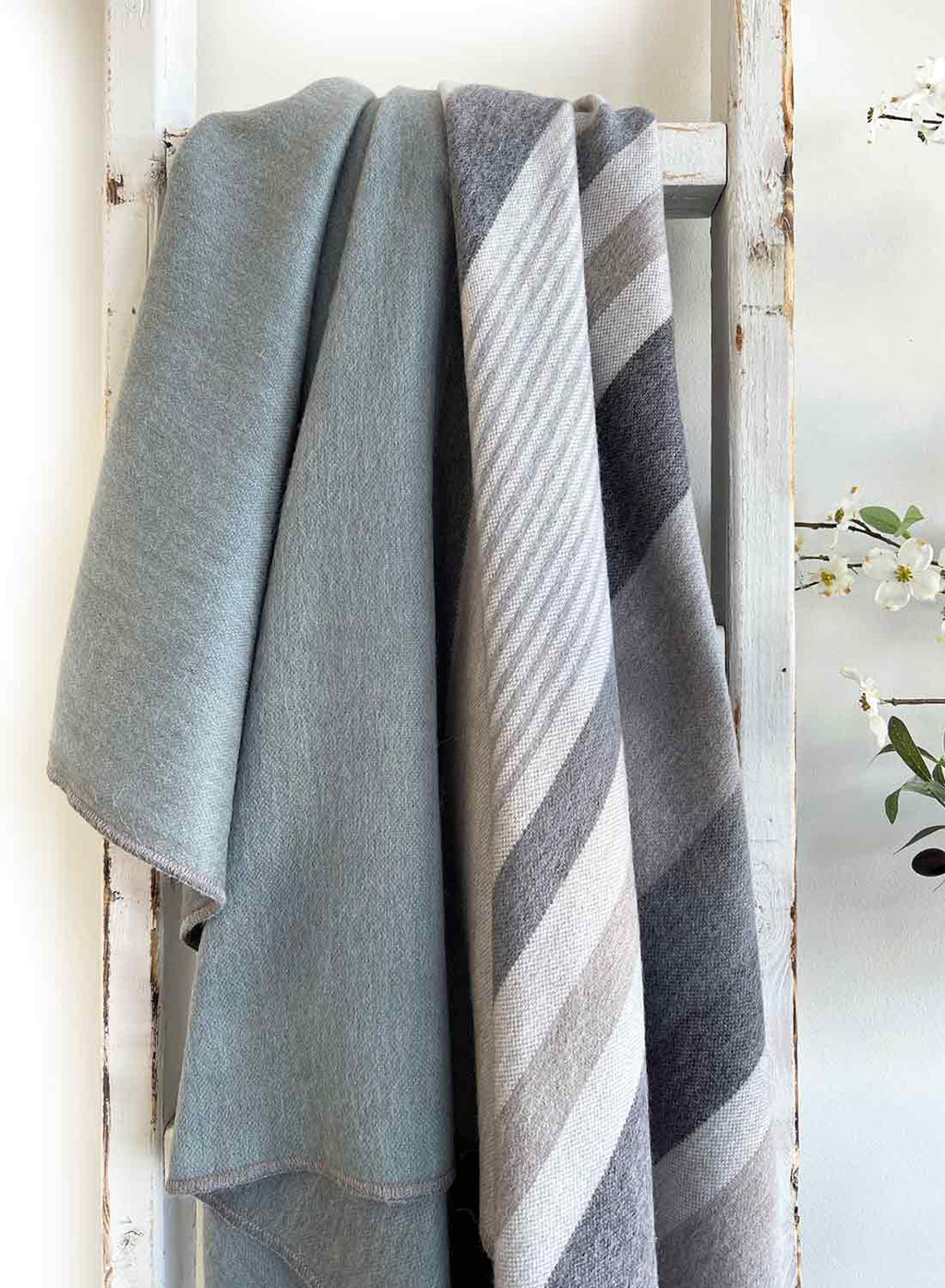 Grey alpaca throw blanket in Silverlake with lake-blue reverse, Shupaca