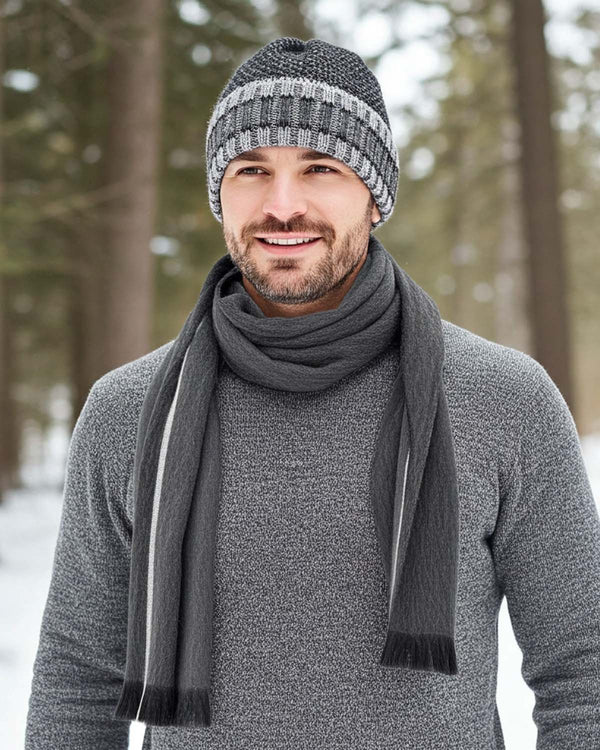 Black alpaca beanie in Onyx with coal and slate hues, Shupaca