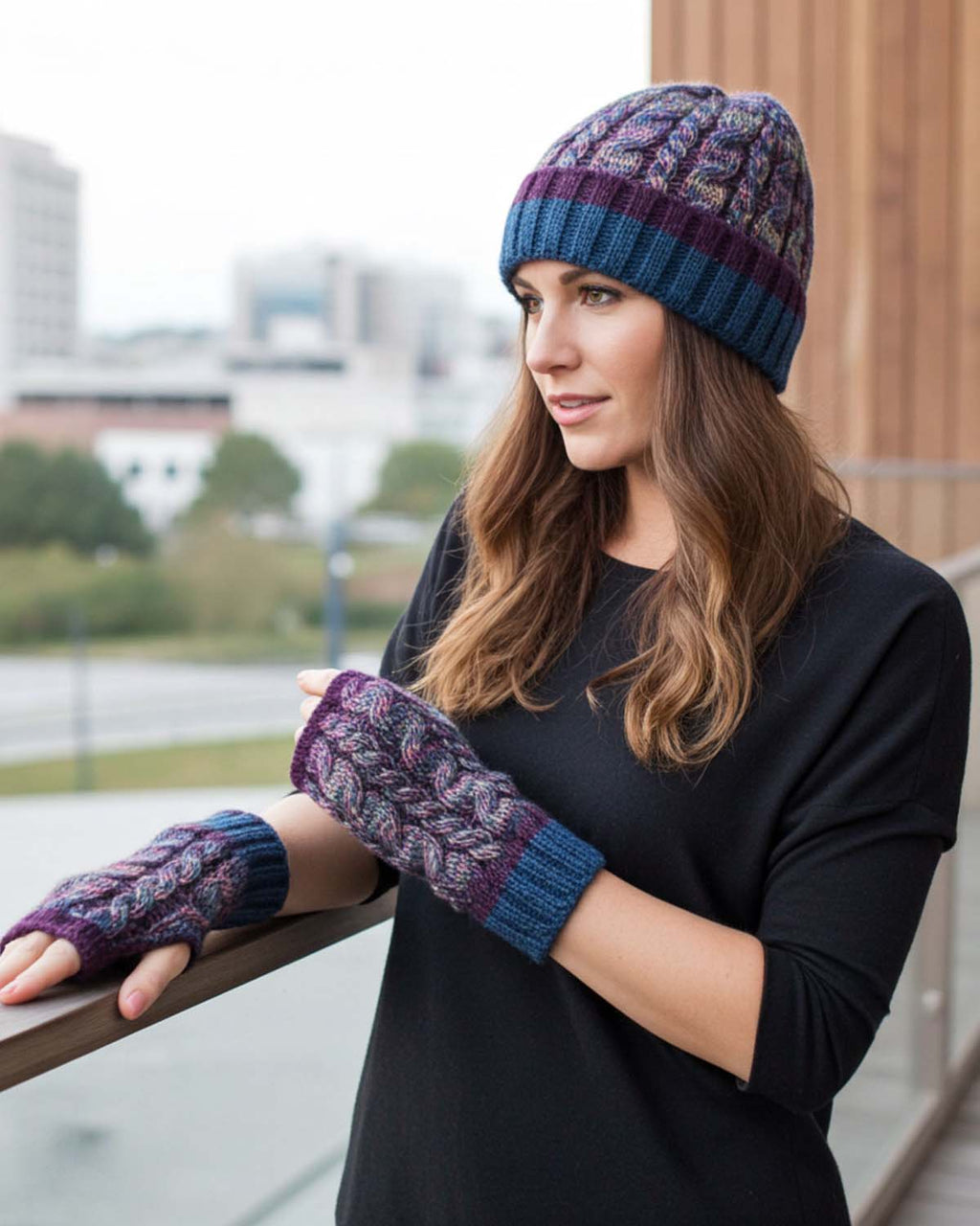Blue alpaca gloves in Galaxy with plum and orange bursts, Shupaca