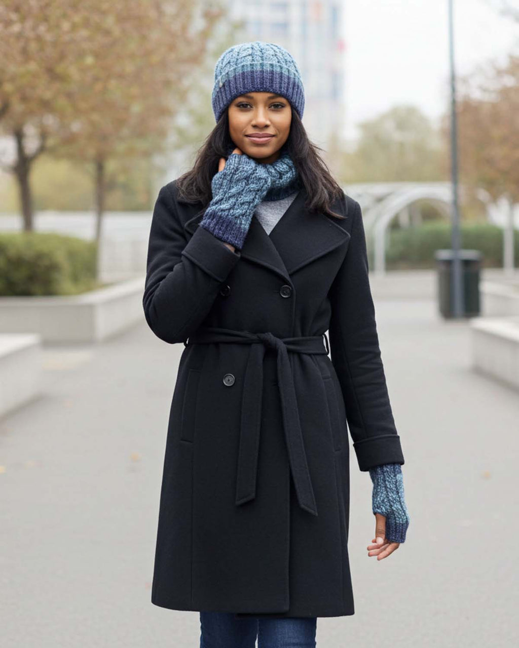 Teal alpaca gloves in Ocean Drift with navy braid, Shupaca