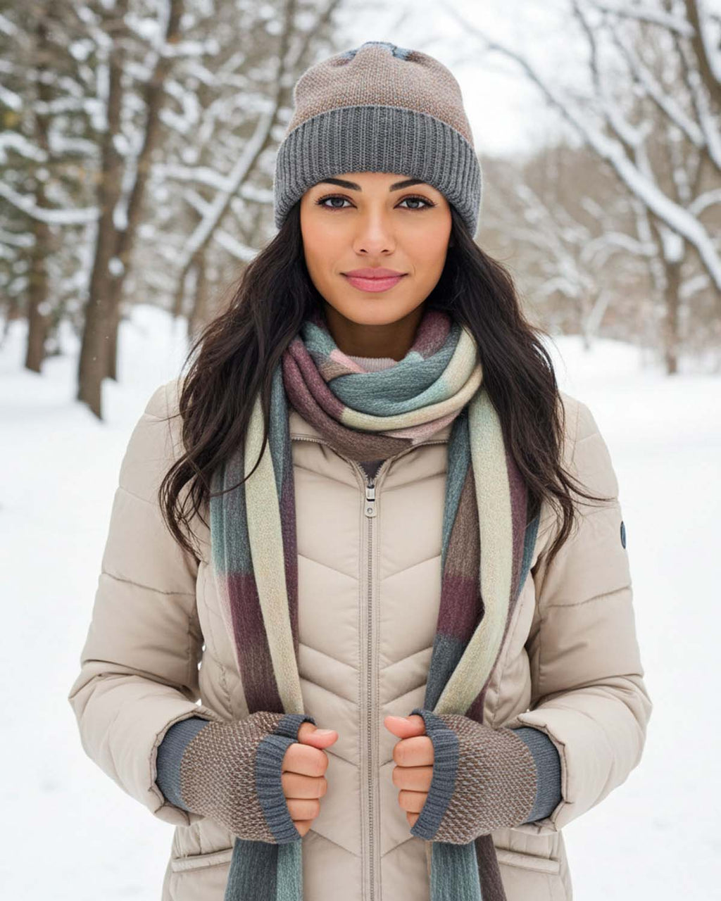 Stone alpaca gloves in Terra with muted grey, Shupaca