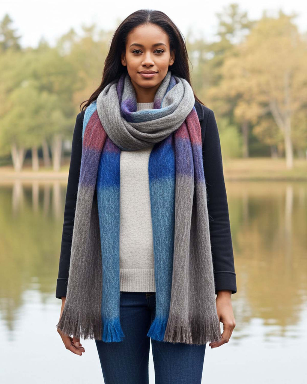 Gray alpaca plaid scarf in Equinox with ocean blue and garnet accents, Shupaca