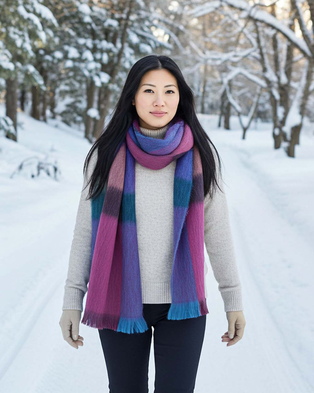 Purple alpaca plaid scarf in Grapevine with berry pink and teal, Shupaca