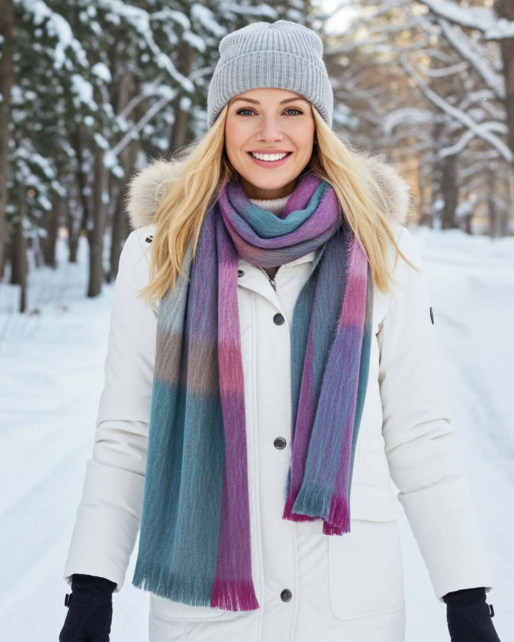 Turquoise alpaca plaid scarf in Kaleidoscope with amethyst and clay pink, Shupaca
