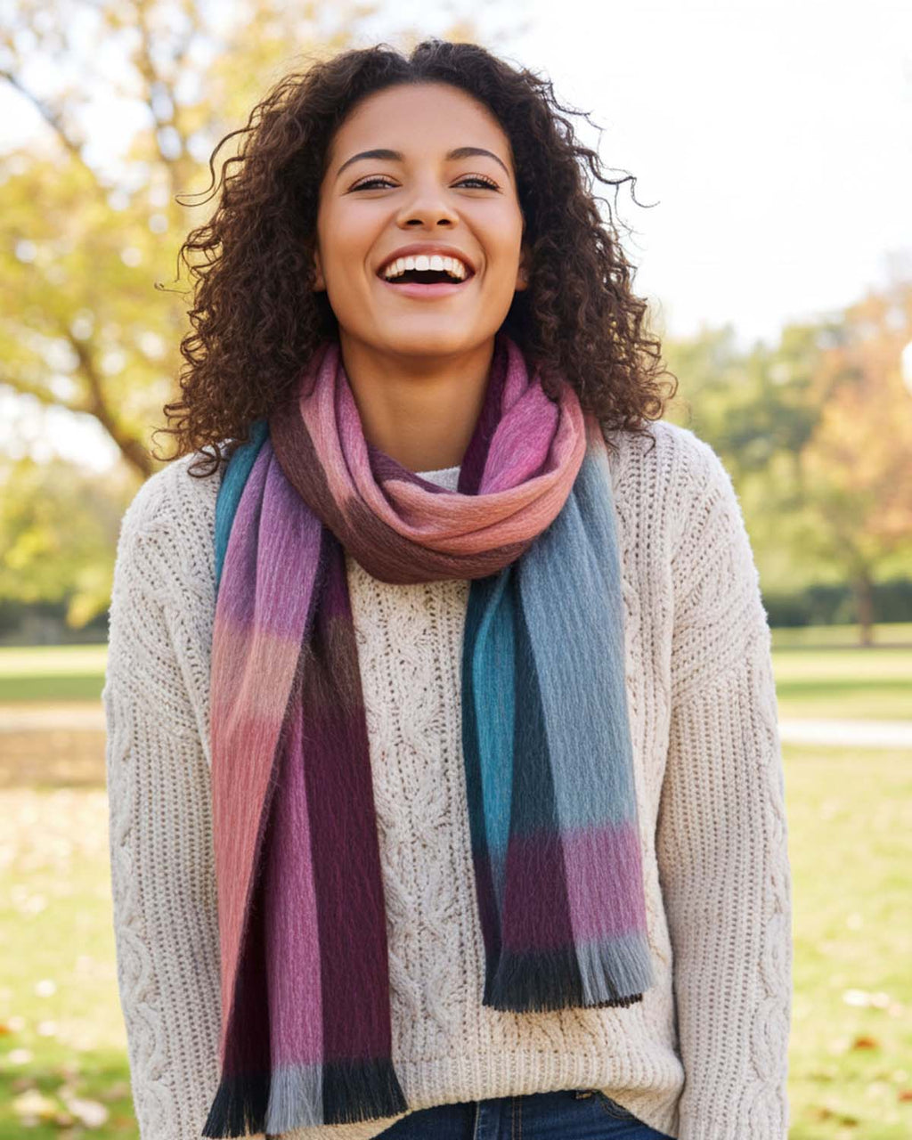 Teal alpaca plaid scarf in Rainbow with berry pink and cinnamon color blocks, Shupaca