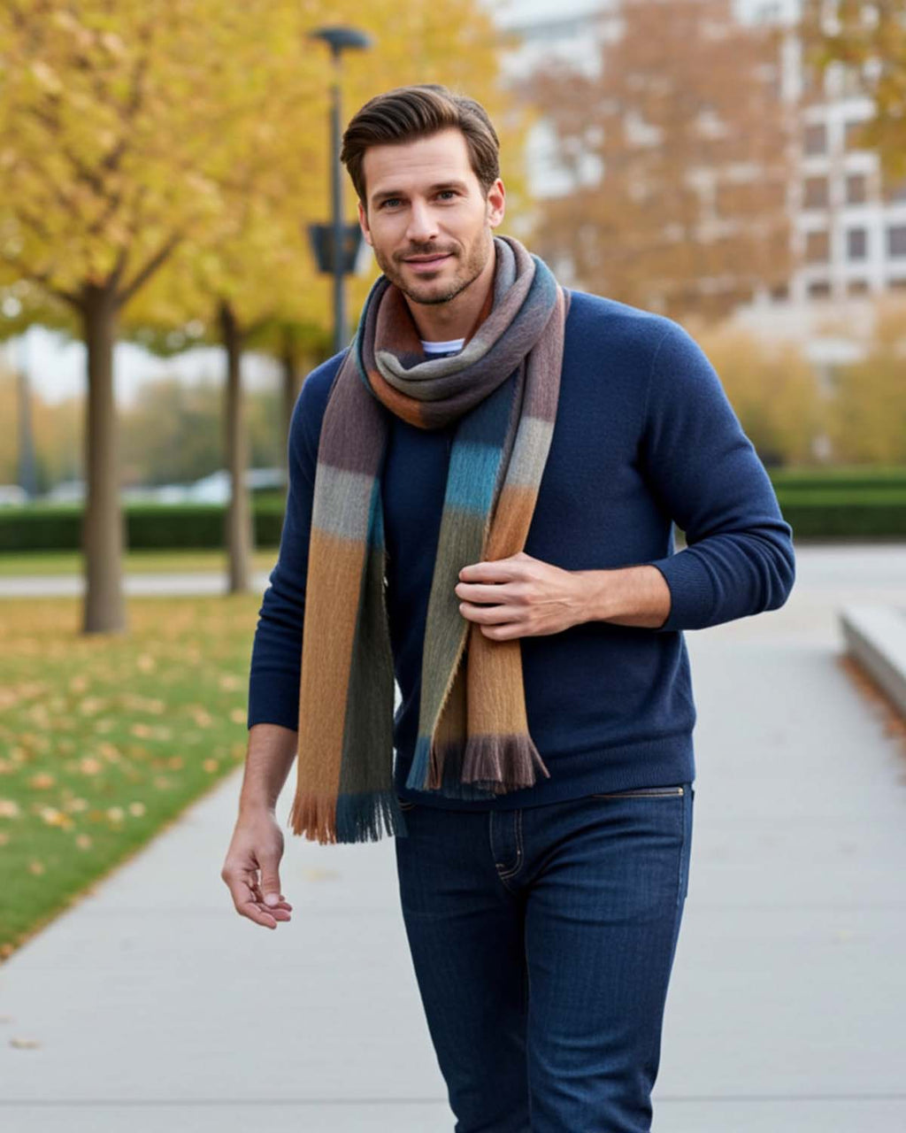 Camel alpaca plaid scarf in Rustic Dune with teal and olive tones, Shupaca