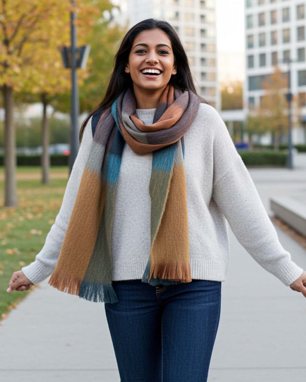 Camel alpaca plaid scarf in Rustic Dune with teal and olive tones, Shupaca