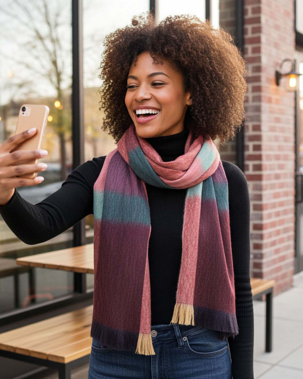Wine alpaca plaid scarf in Sangria with copper and coral stripes, Shupaca