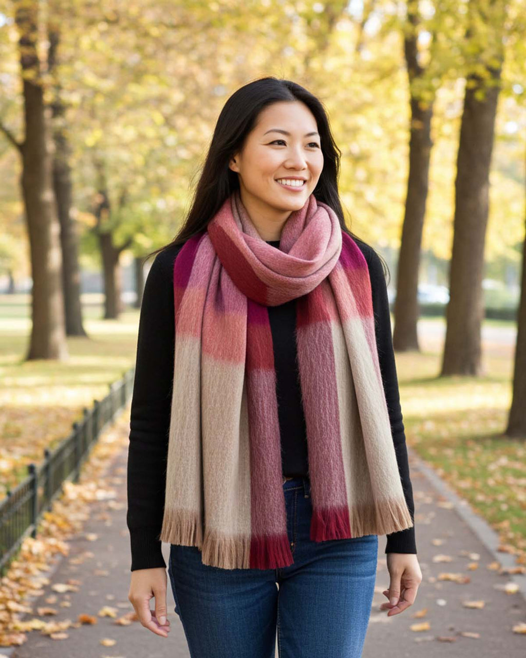 Sea Coral alpaca plaid scarf with teal and terracotta tones, Shupaca