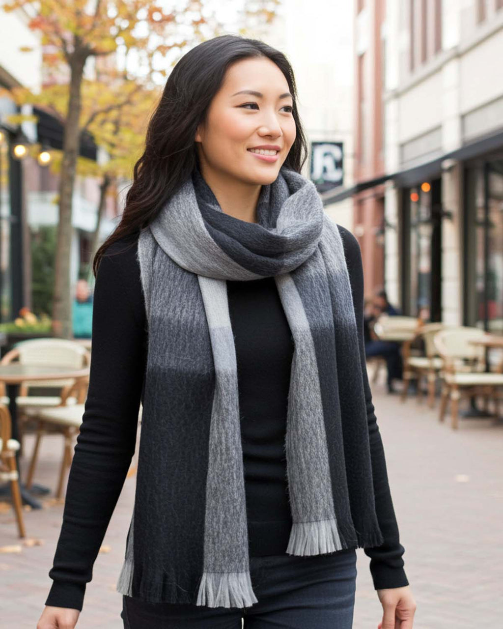 Charcoal alpaca plaid scarf in Steel with ash grey and silver mist, Shupaca
