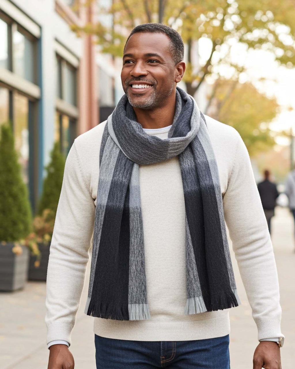 Charcoal alpaca plaid scarf in Steel with ash grey and silver mist, Shupaca