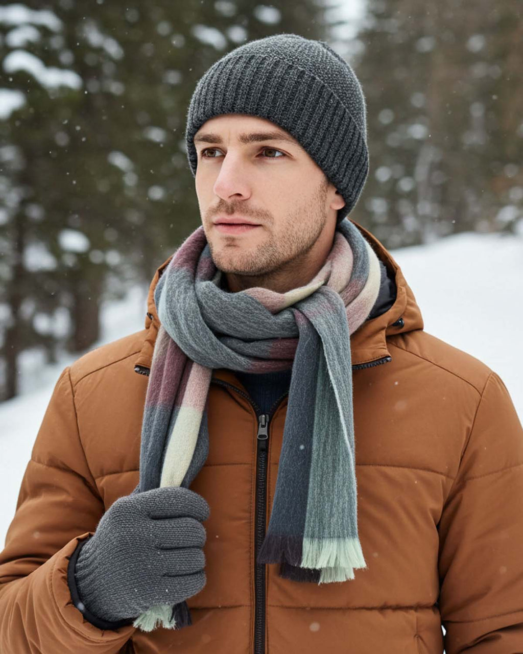 Mint green alpaca plaid scarf in Twilight with slate and dusty rose tones, Shupaca