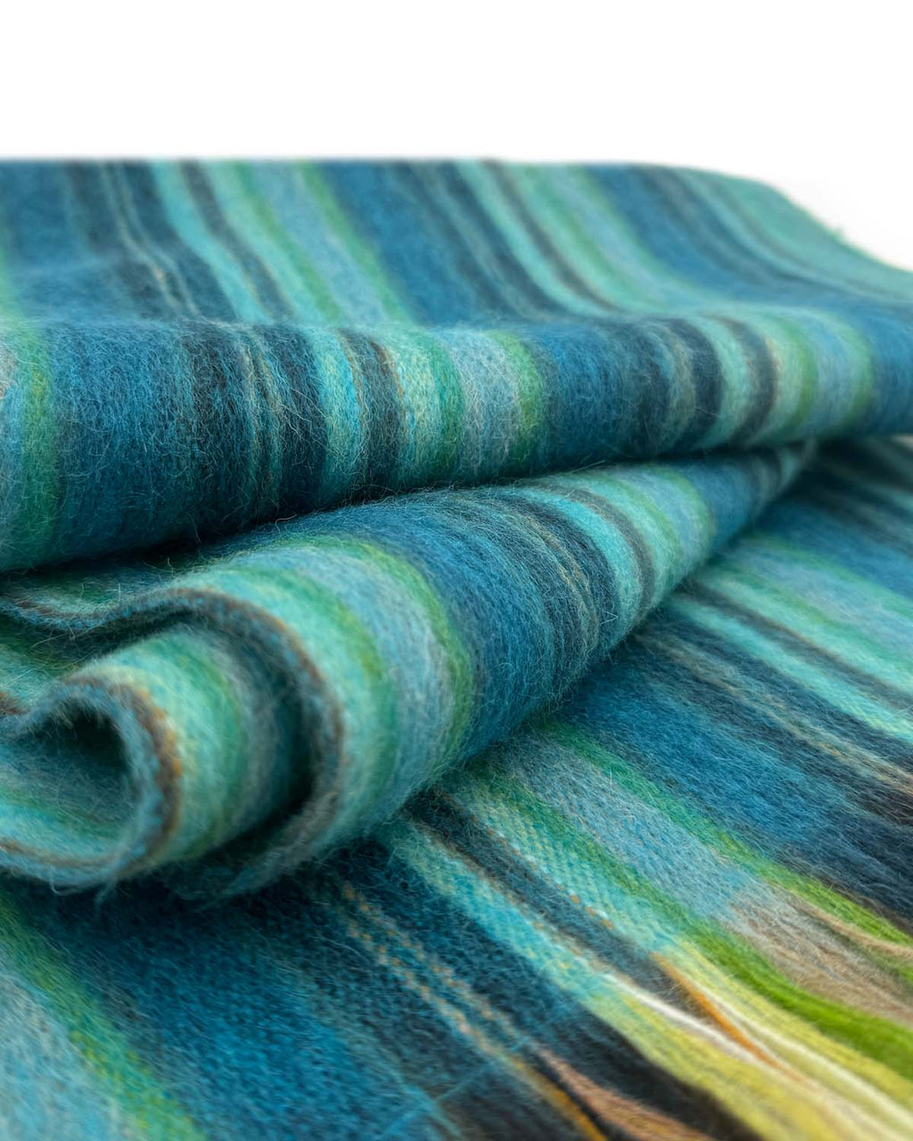 Blue-Tini alpaca scarf with teal, aqua, and deep navy stripes, Shupaca