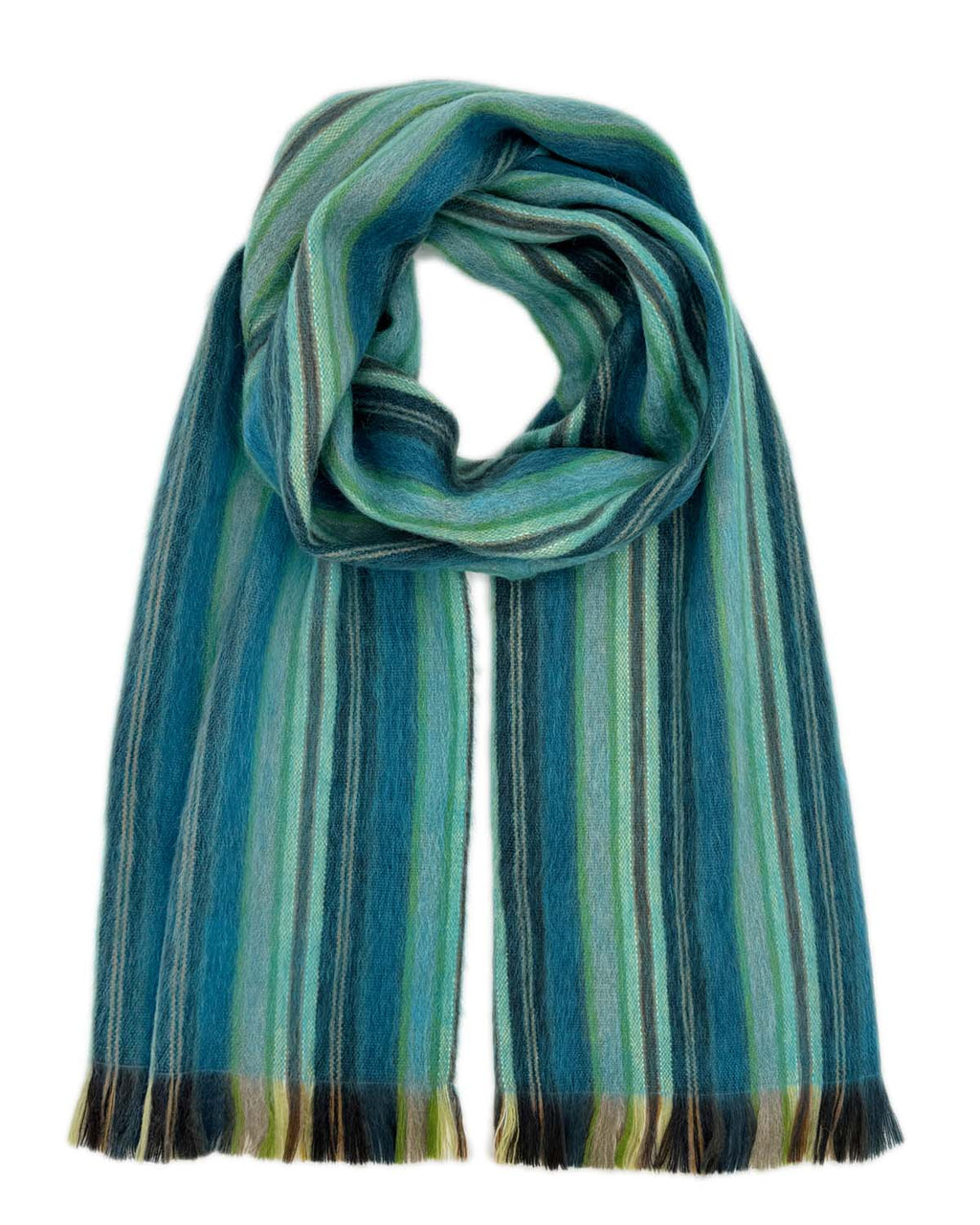 Blue-Tini alpaca scarf with teal, aqua, and deep navy stripes, Shupaca