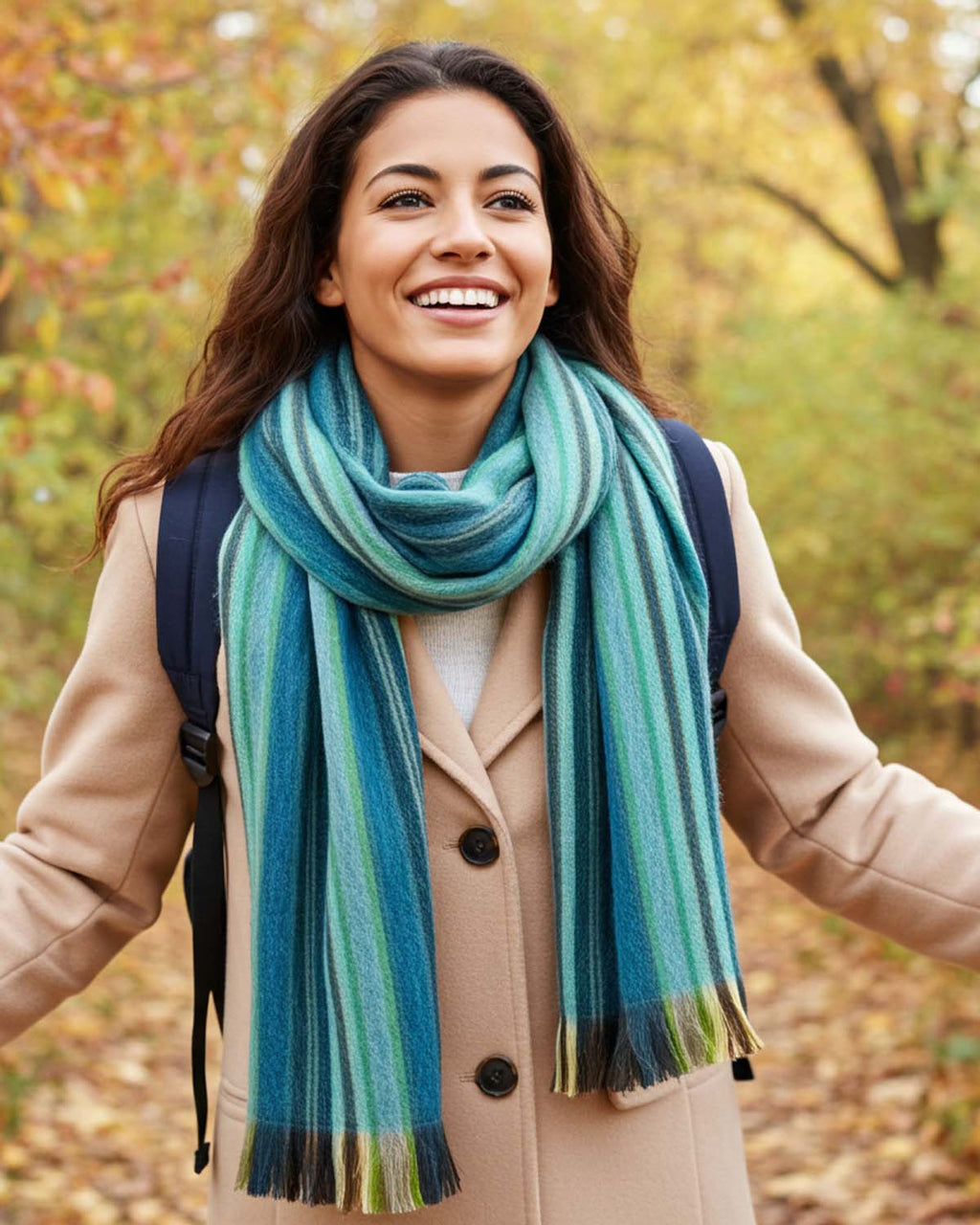 Blue-Tini alpaca scarf with teal, aqua, and deep navy stripes, Shupaca