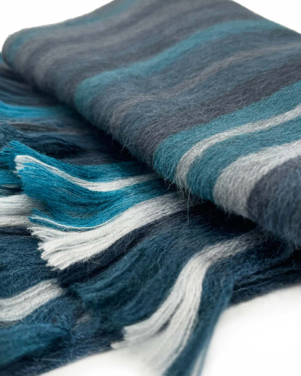 Blue alpaca scarf in Calypso with turquoise and slate stripes, Shupaca
