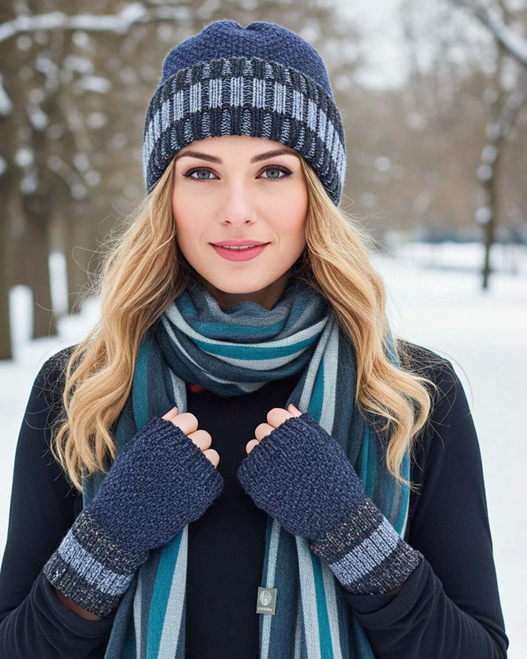 Blue alpaca scarf in Calypso with turquoise and slate stripes, Shupaca