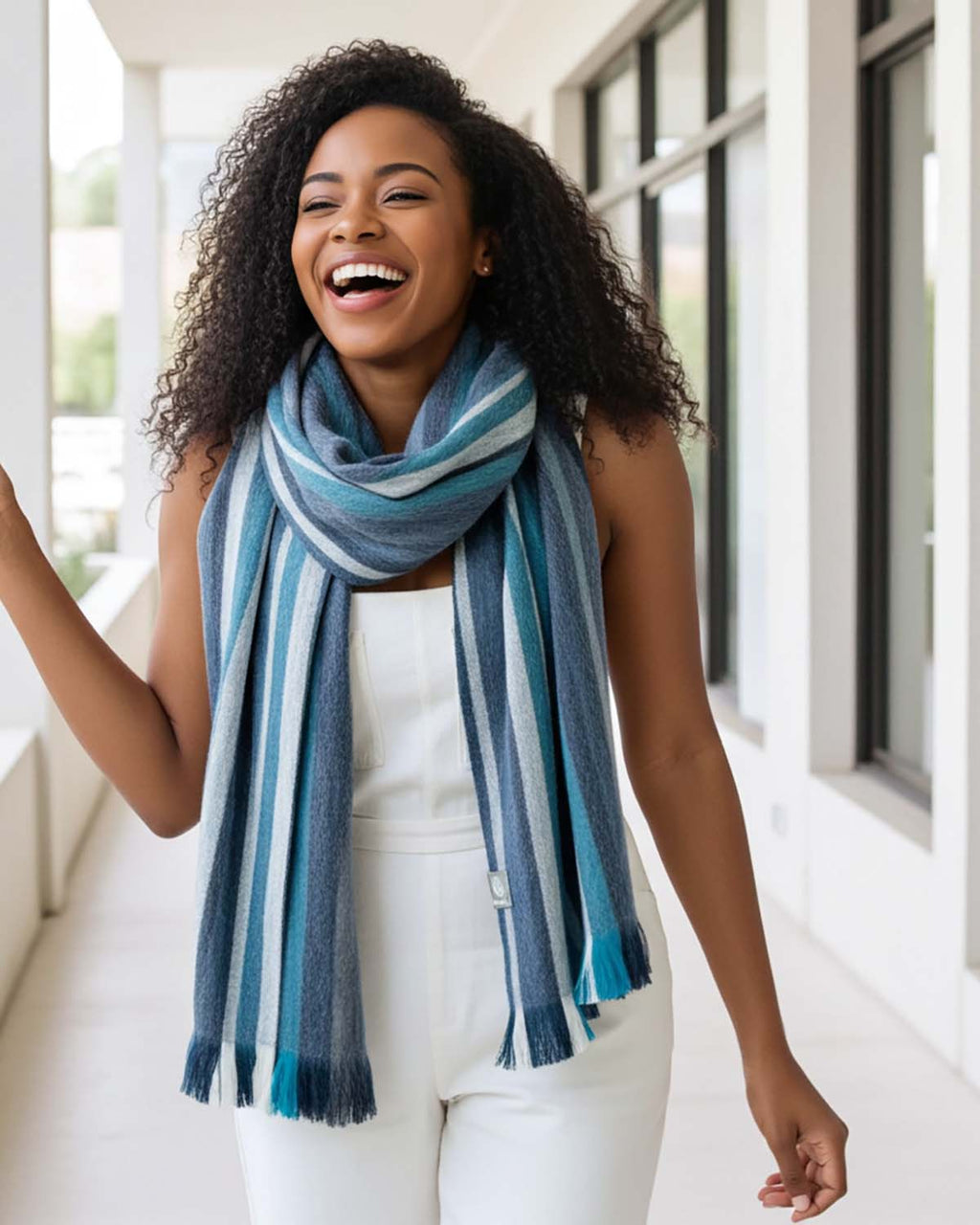 Blue alpaca scarf in Calypso with turquoise and slate stripes, Shupaca