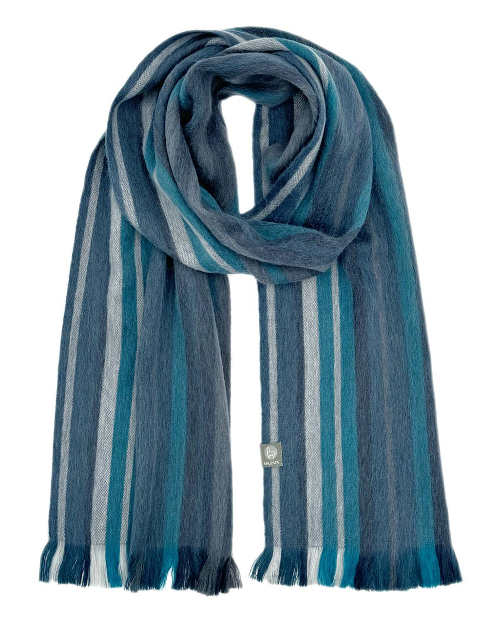 Blue alpaca scarf in Calypso with turquoise and slate stripes, Shupaca