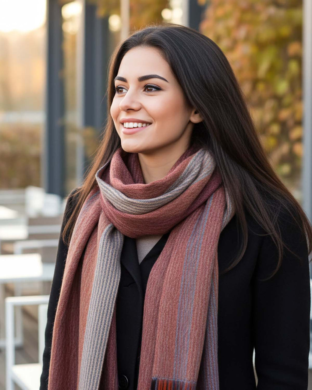 Taupe alpaca scarf in Cayenne with clay and sienna stripes, Shupaca
