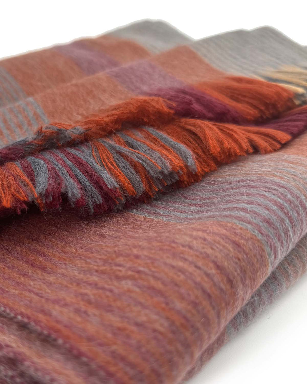 Taupe alpaca scarf in Cayenne with clay and sienna stripes, Shupaca