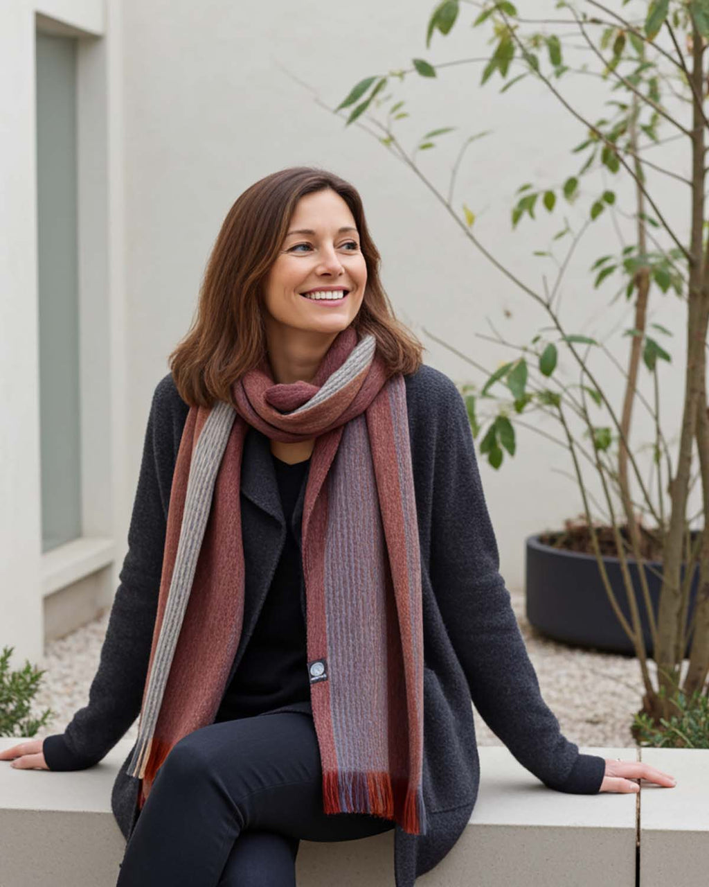 Taupe alpaca scarf in Cayenne with clay and sienna stripes, Shupaca