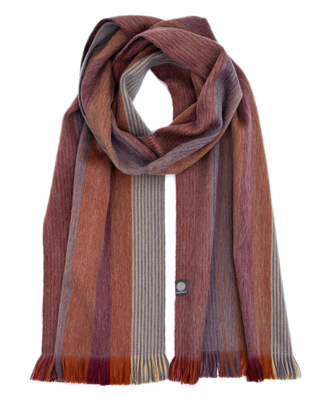 Taupe alpaca scarf in Cayenne with clay and sienna stripes, Shupaca