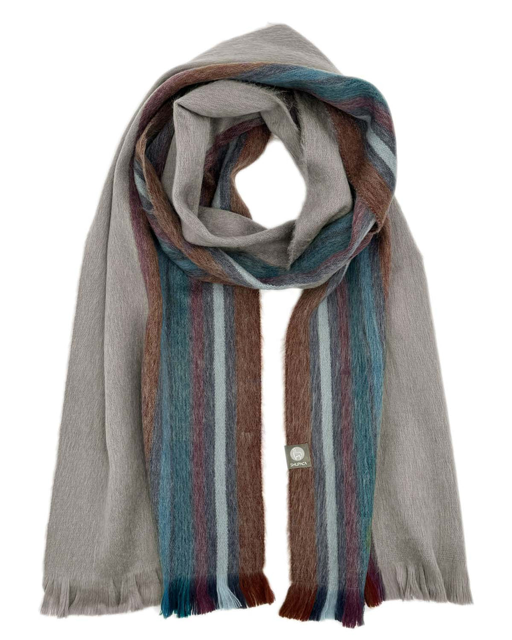 Grey alpaca scarf in Clove with teal, cocoa, and wine stripes, Shupaca