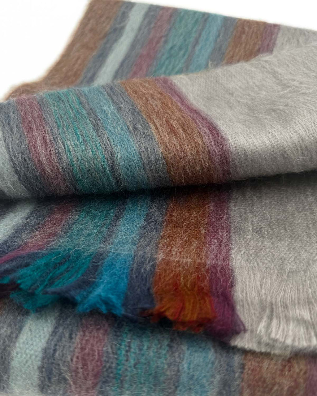 Grey alpaca scarf in Clove with teal, cocoa, and wine stripes, Shupaca