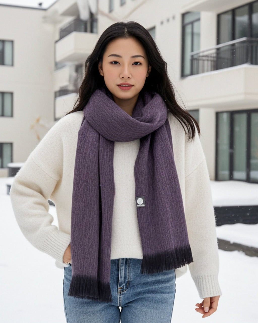 Decadent Plum alpaca scarf with eggplant and charcoal tips, Shupaca
