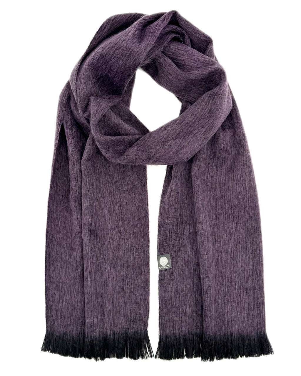Decadent Plum alpaca scarf with eggplant and charcoal tips, Shupaca