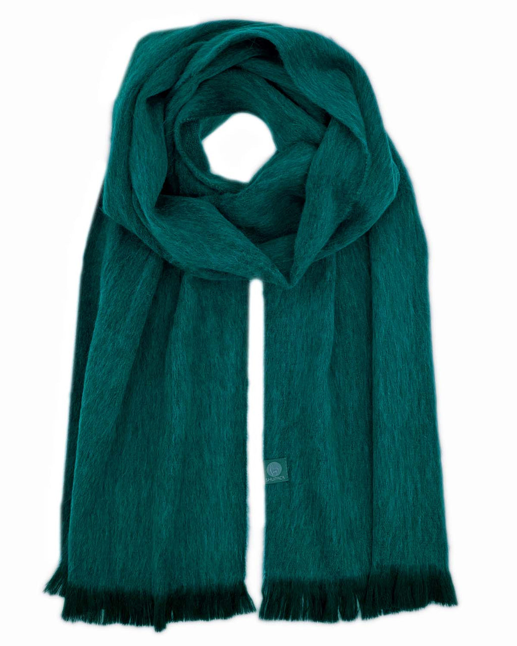 Emerald alpaca scarf with deep teal green and darker fringe, Shupaca