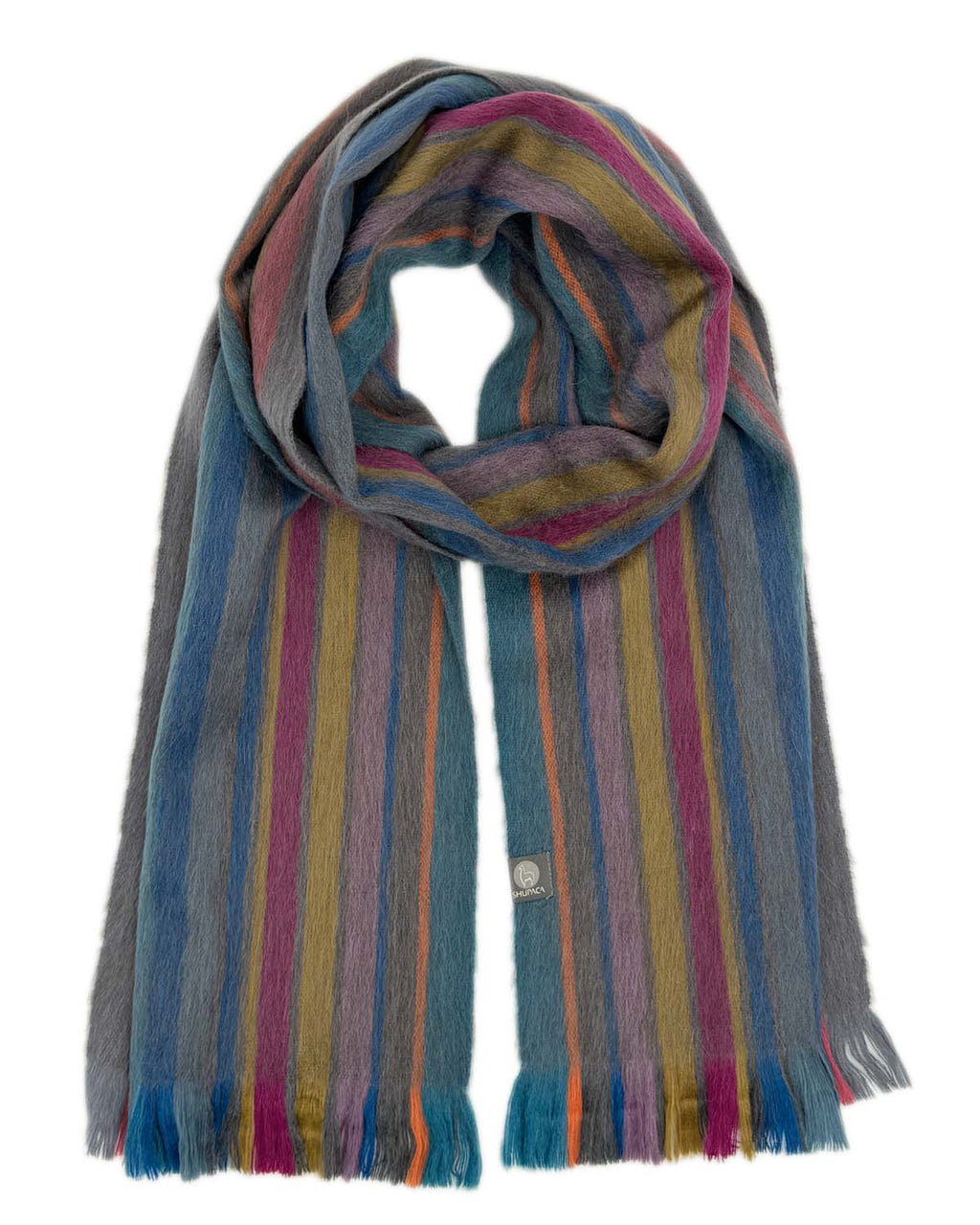 Blue alpaca scarf in Jubilee with orange, fuchsia, and gold stripes, Shupaca